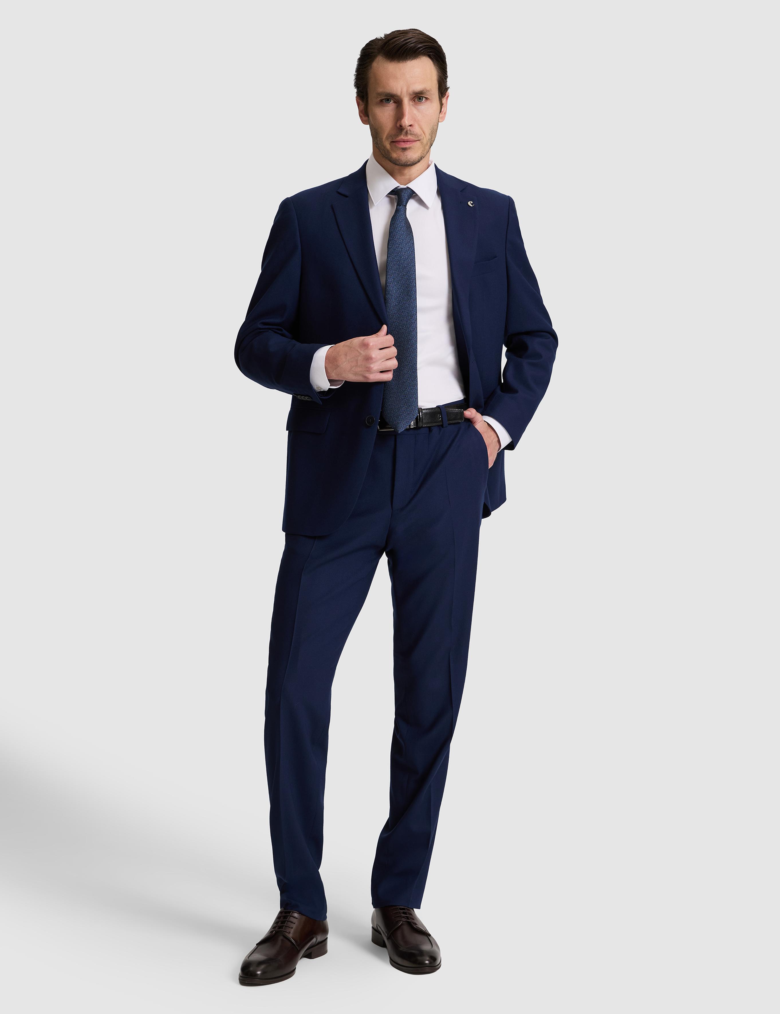 Lacivert Slim Fit Mono Yaka Yün Karışımlı Takım Elbise - 50324839008