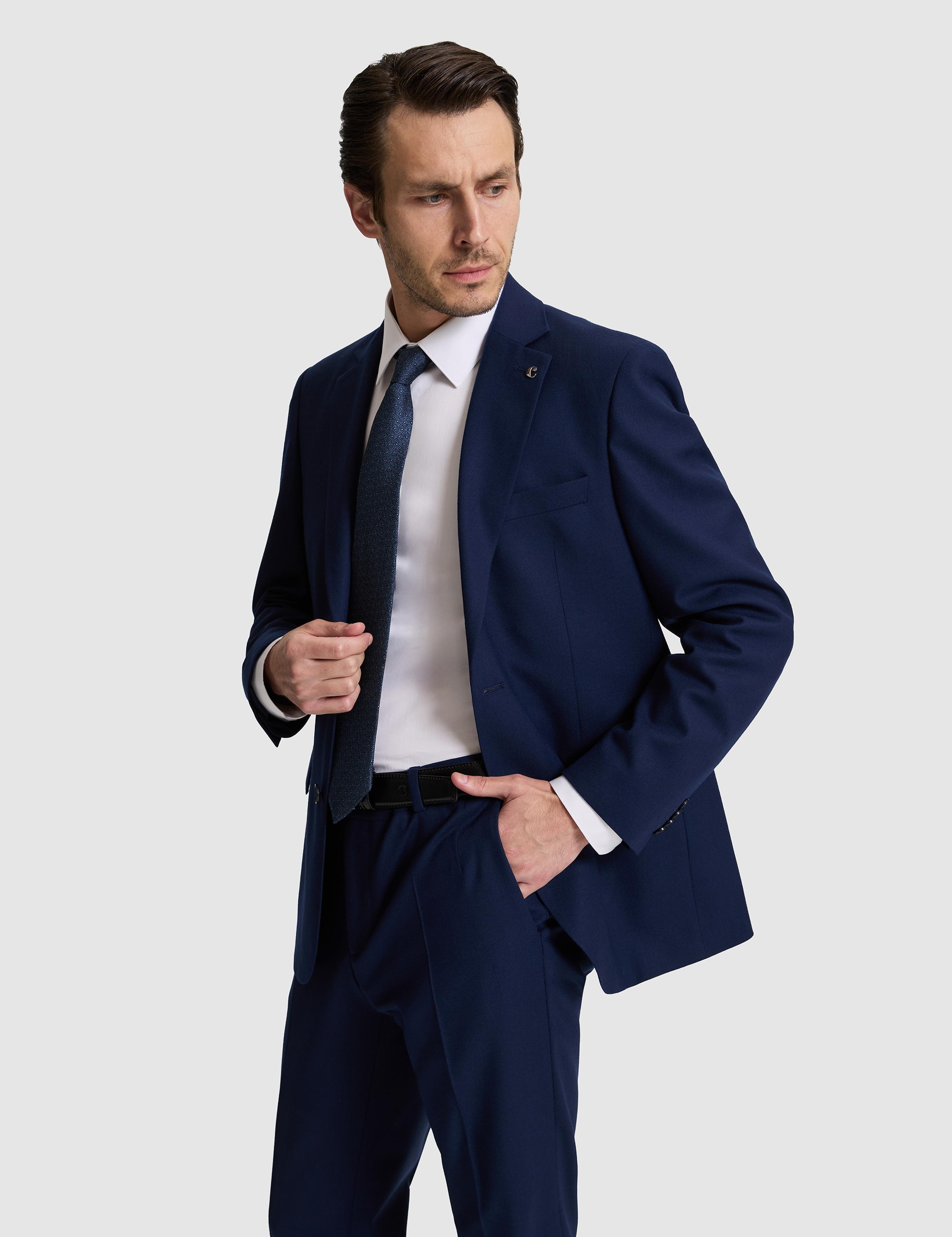 Lacivert Slim Fit Mono Yaka Yün Karışımlı Takım Elbise - 50324839008