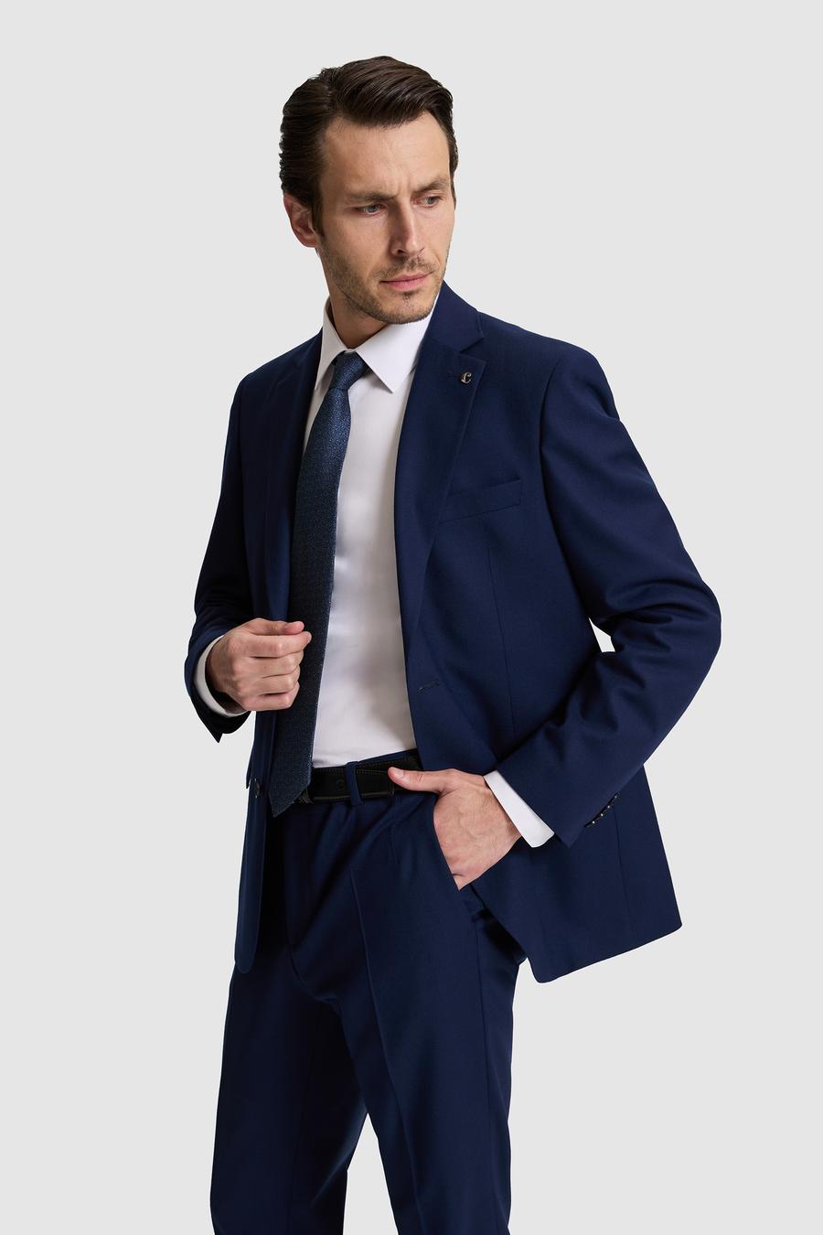 Lacivert Slim Fit Mono Yaka Yün Karışımlı Takım Elbise - 50324839008