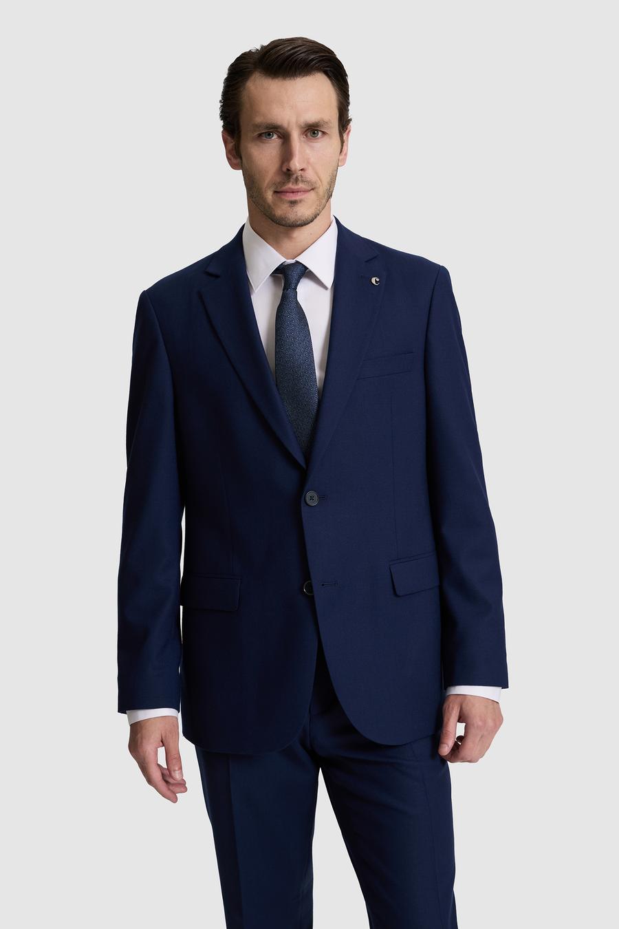 Lacivert Slim Fit Mono Yaka Yün Karışımlı Takım Elbise - 50324839008