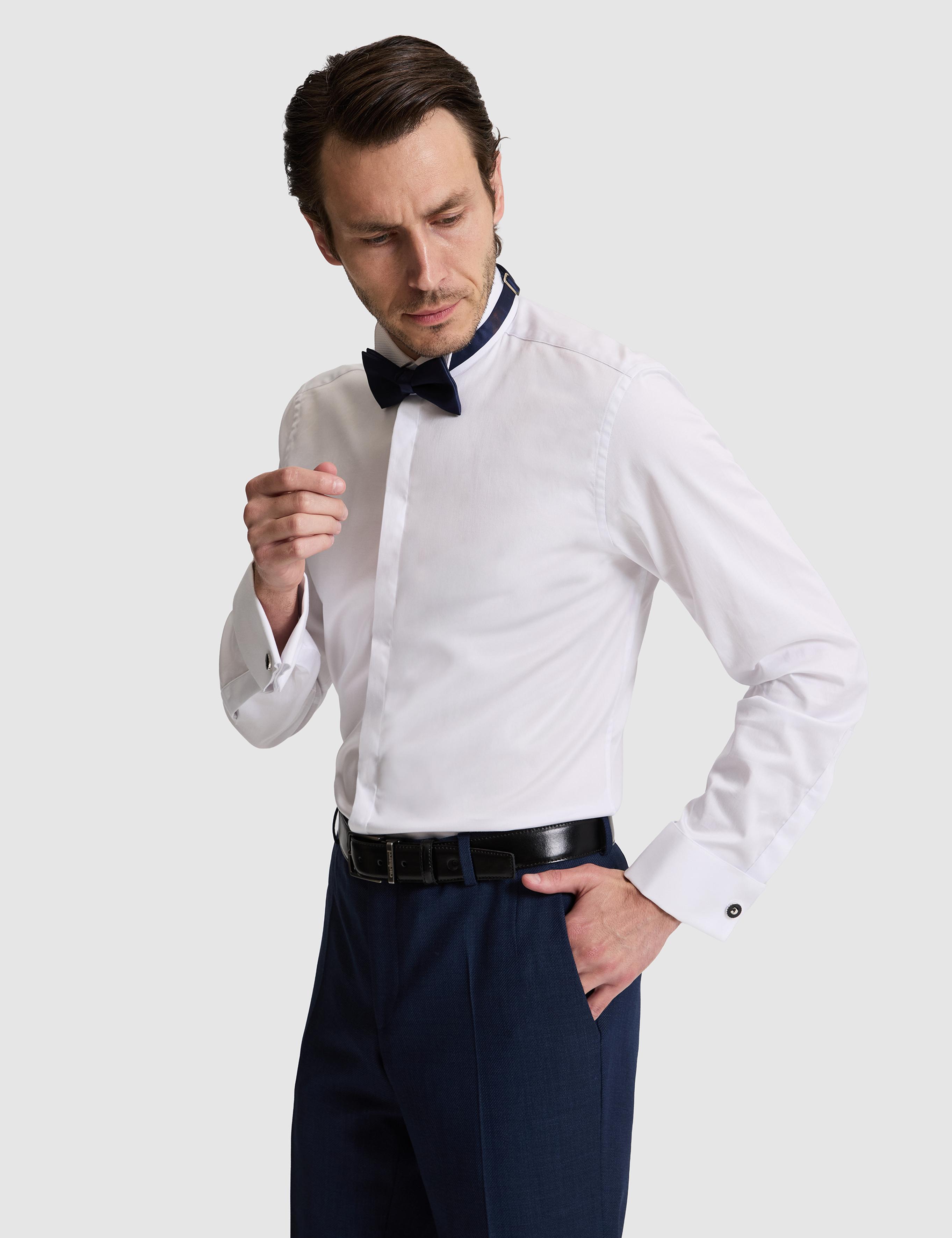 Beyaz Slim Fit Pamuk Karışımlı Ata Yaka Smokin Gömlek - 50324587006