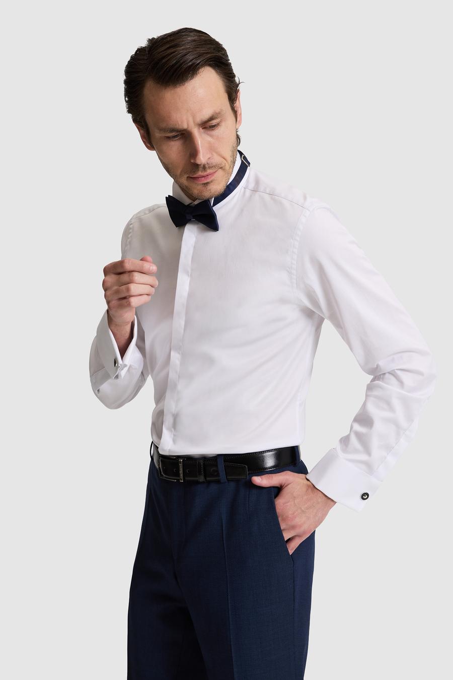 Beyaz Slim Fit Pamuk Karışımlı Ata Yaka Smokin Gömlek - 50324587006