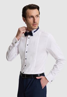 Beyaz Slim Fit Önü Pliseli Duble Manşet Pamuk Karışımlı Smokin Gömlek