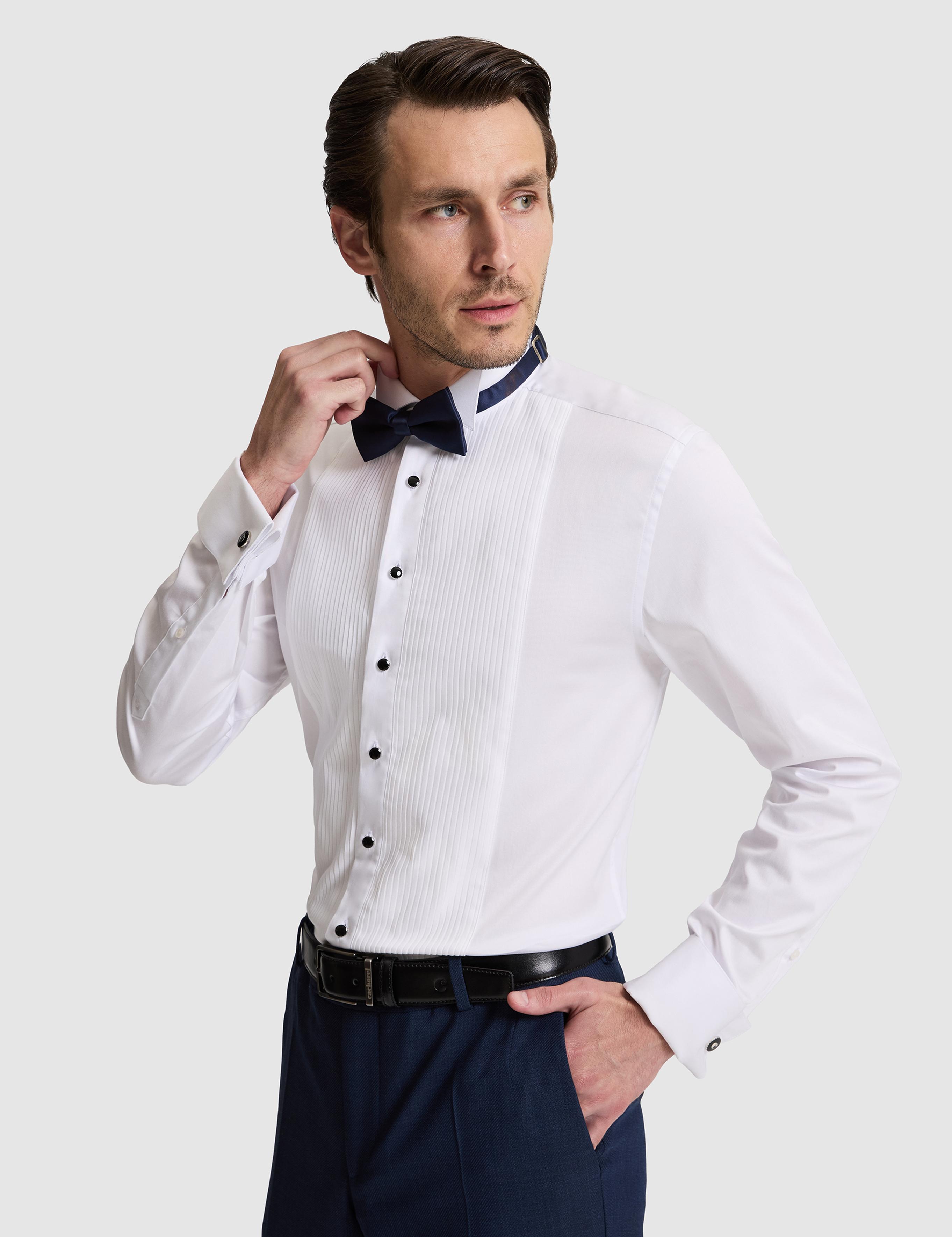 Beyaz Slim Fit Önü Pliseli Duble Manşet Pamuk Karışımlı Smokin Gömlek - 50324563011