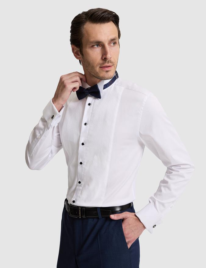 Beyaz Slim Fit Önü Pliseli Duble Manşet Pamuk Karışımlı Smokin Gömlek
