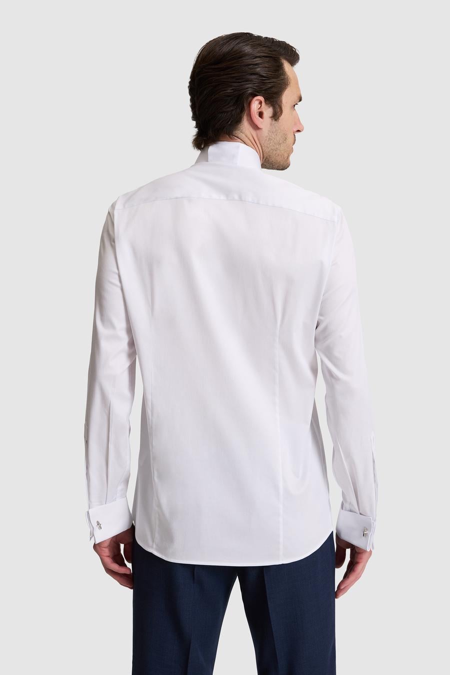 Beyaz Slim Fit Önü Pliseli Duble Manşet Pamuk Karışımlı Smokin Gömlek - 50324563011