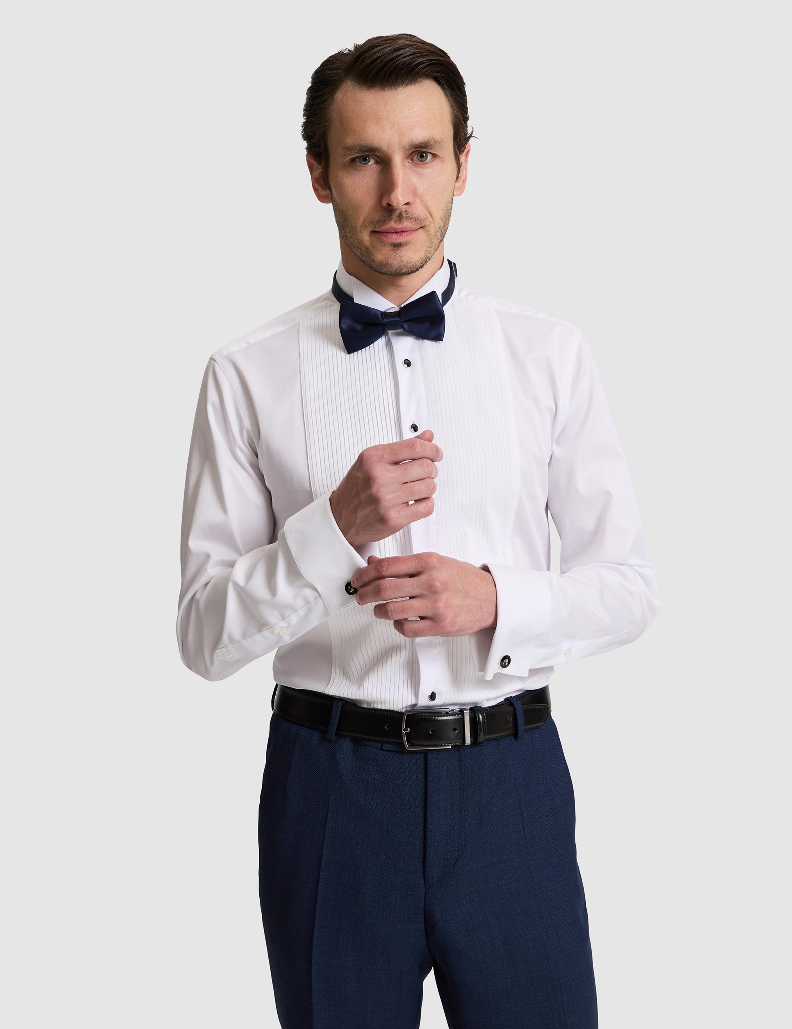 Beyaz Slim Fit Önü Pliseli Duble Manşet Pamuk Karışımlı Smokin Gömlek - 50324563011