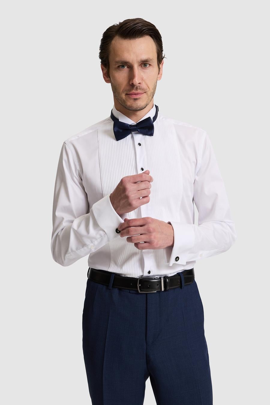 Beyaz Slim Fit Önü Pliseli Duble Manşet Pamuk Karışımlı Smokin Gömlek - 50324563011