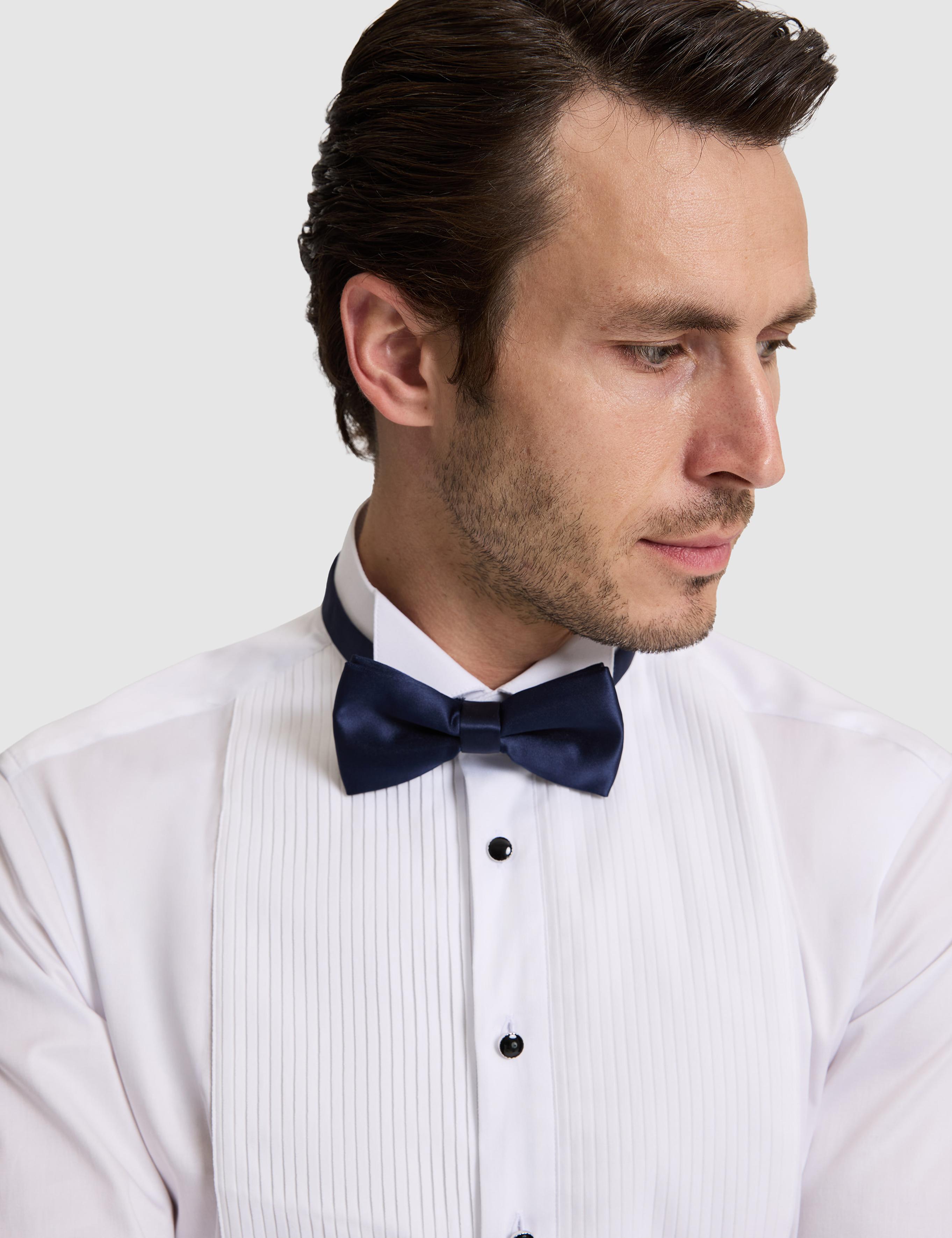 Beyaz Slim Fit Önü Pliseli Duble Manşet Pamuk Karışımlı Smokin Gömlek - 50324563011