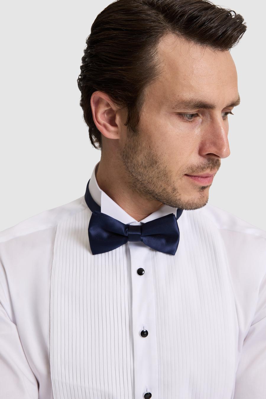 Beyaz Slim Fit Önü Pliseli Duble Manşet Pamuk Karışımlı Smokin Gömlek - 50324563011