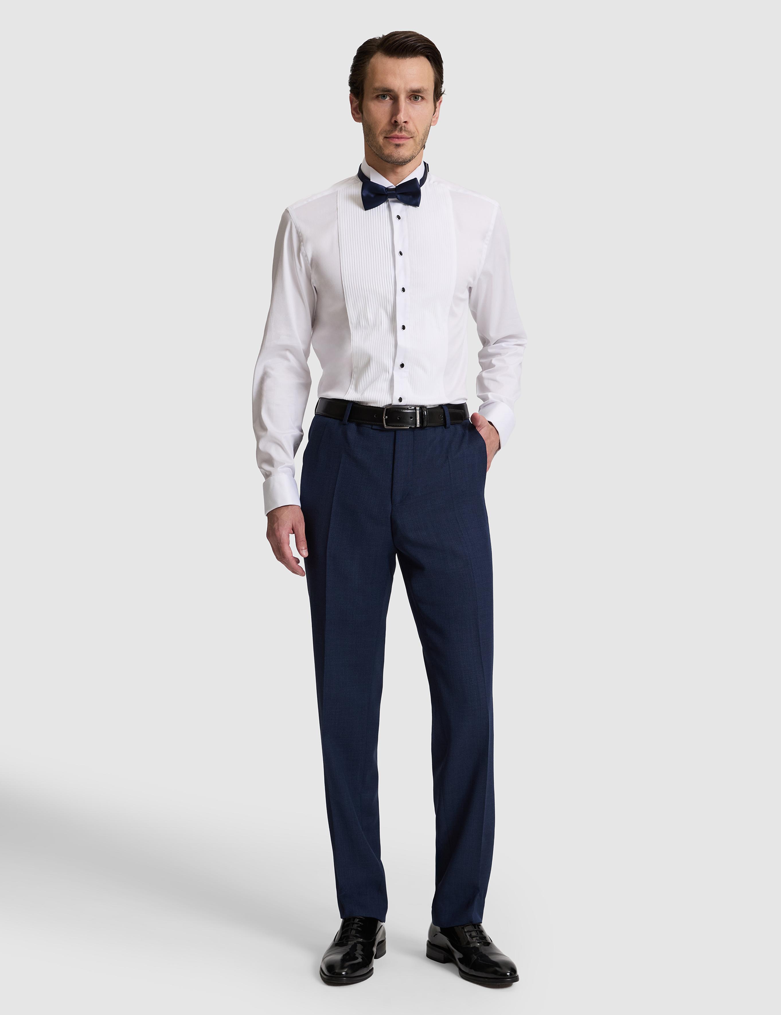 Beyaz Slim Fit Önü Pliseli Duble Manşet Pamuk Karışımlı Smokin Gömlek - 50324563011