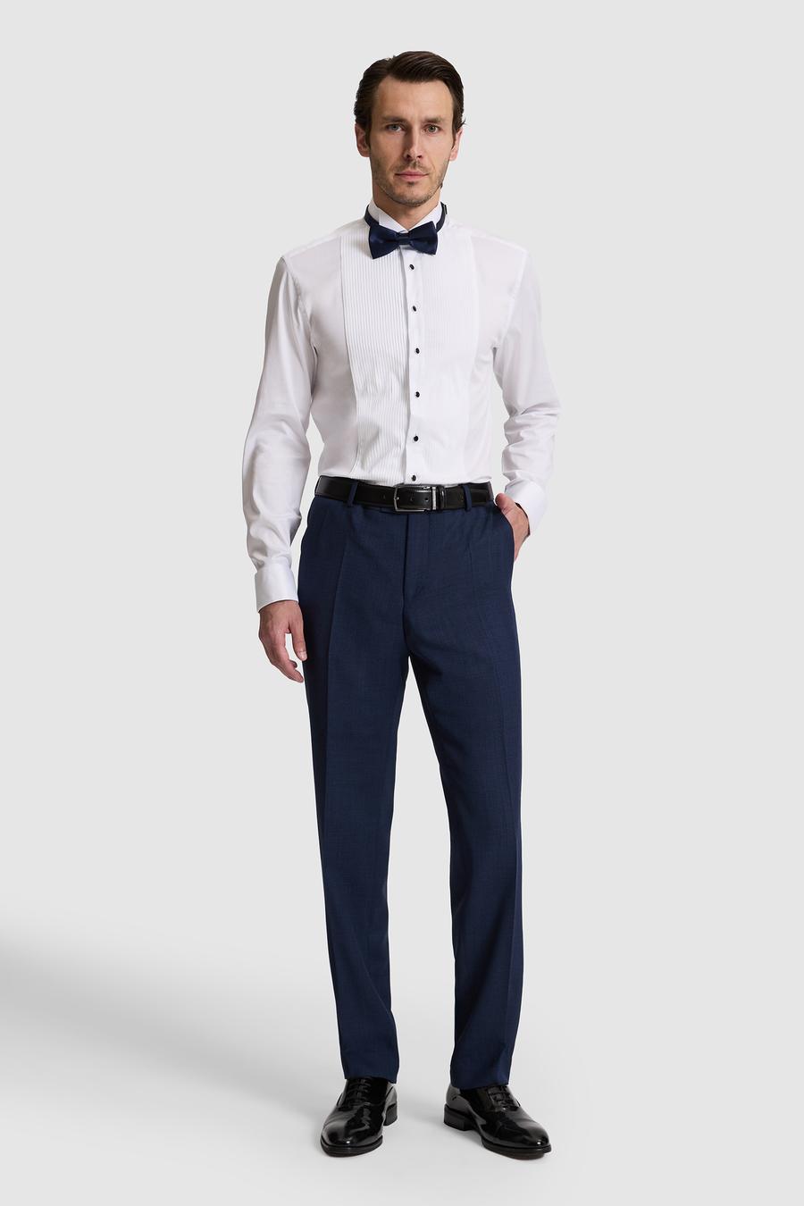 Beyaz Slim Fit Önü Pliseli Duble Manşet Pamuk Karışımlı Smokin Gömlek - 50324563011