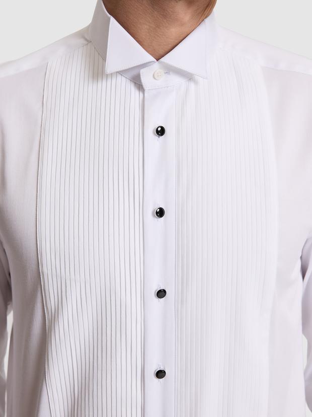 Beyaz Slim Fit Önü Pliseli Duble Manşet Pamuk Karışımlı Smokin Gömlek