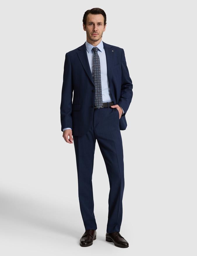 lacivert Slim Fit %100 Yün Mikro Desen Mono Yaka Takım Elbise