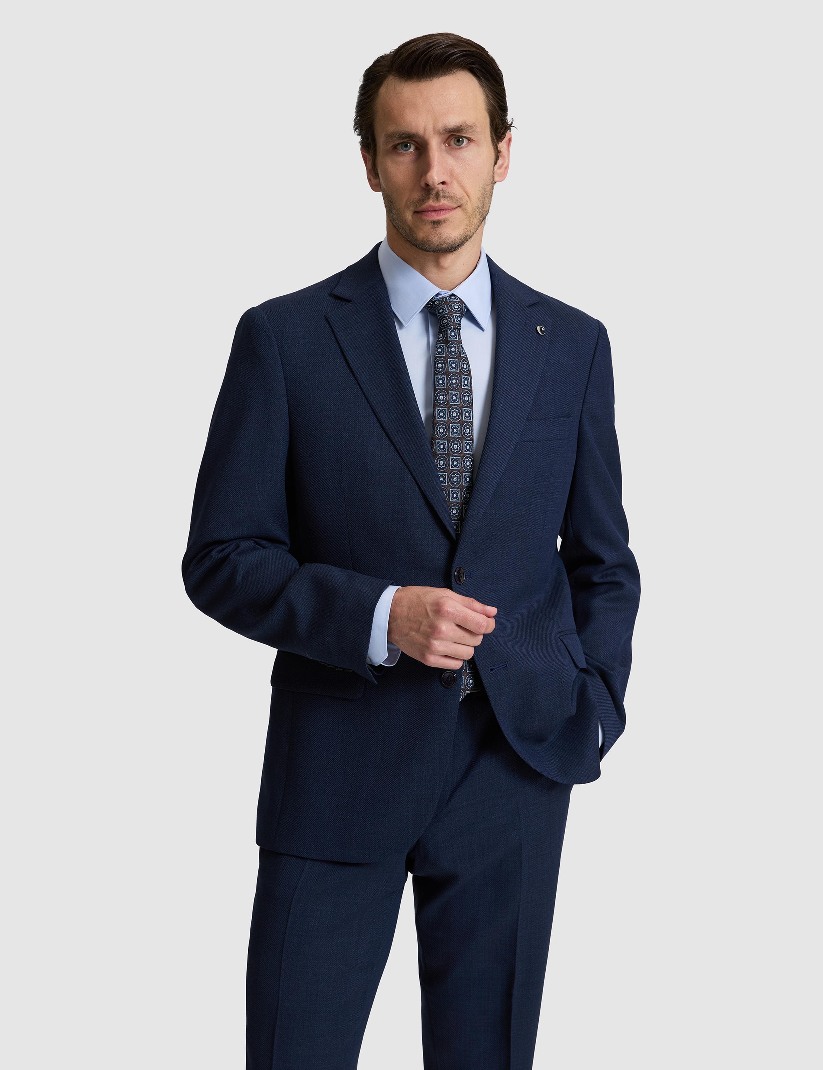 lacivert Slim Fit %100 Yün Mikro Desen Mono Yaka Takım Elbise - 50319151008