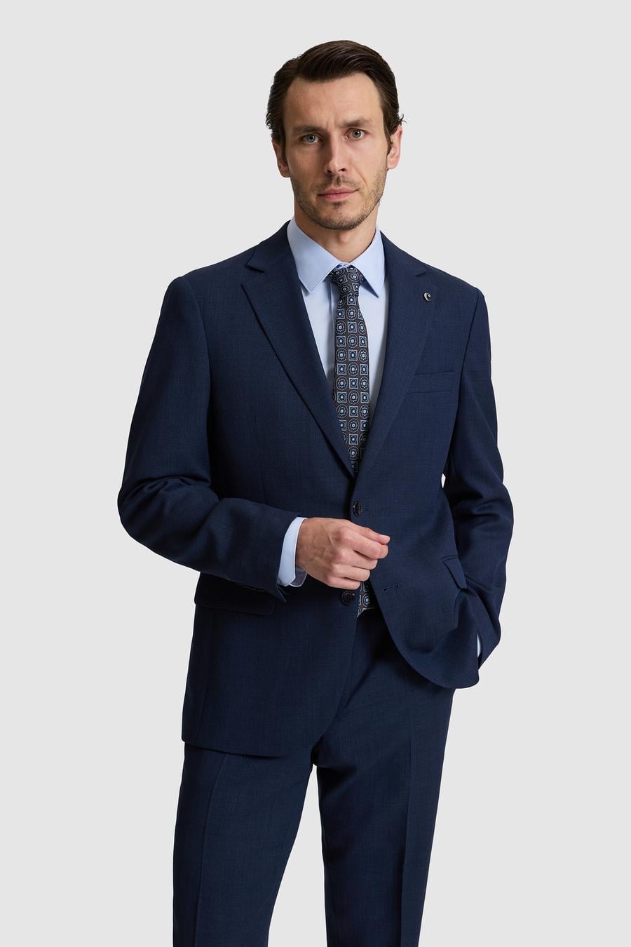 lacivert Slim Fit %100 Yün Mikro Desen Mono Yaka Takım Elbise - 50319151008