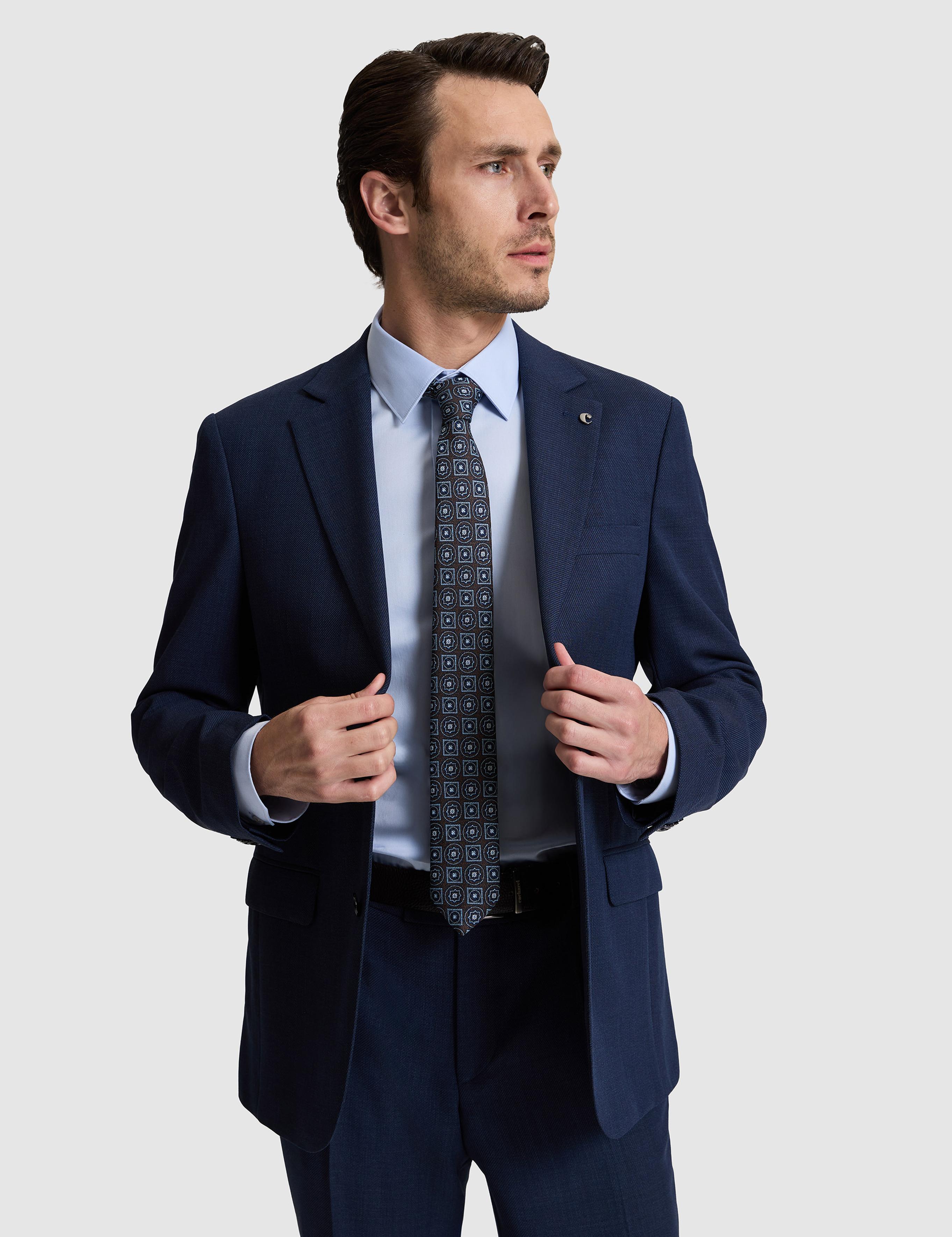 lacivert Slim Fit %100 Yün Mikro Desen Mono Yaka Takım Elbise - 50319151008