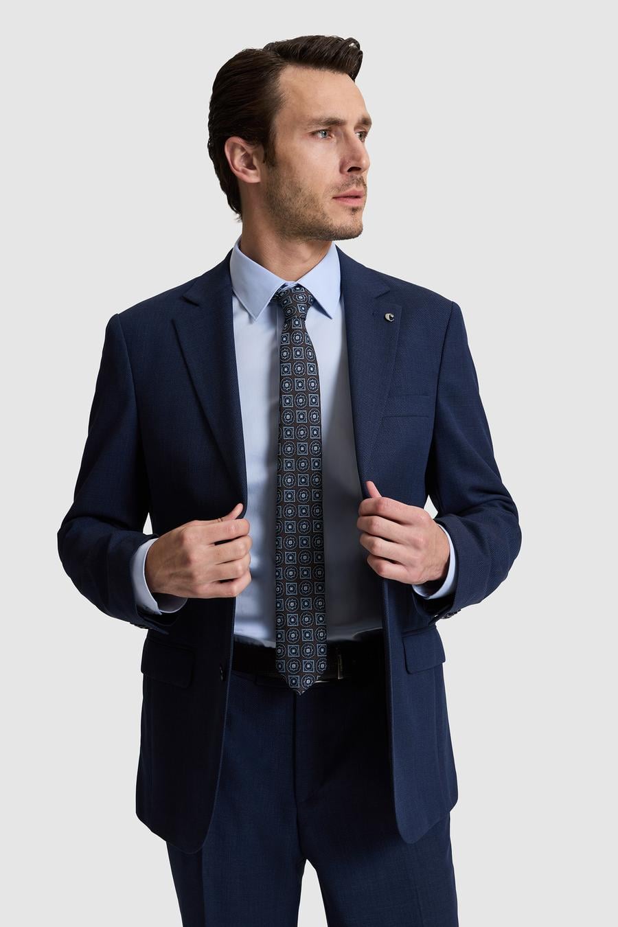 lacivert Slim Fit %100 Yün Mikro Desen Mono Yaka Takım Elbise - 50319151008