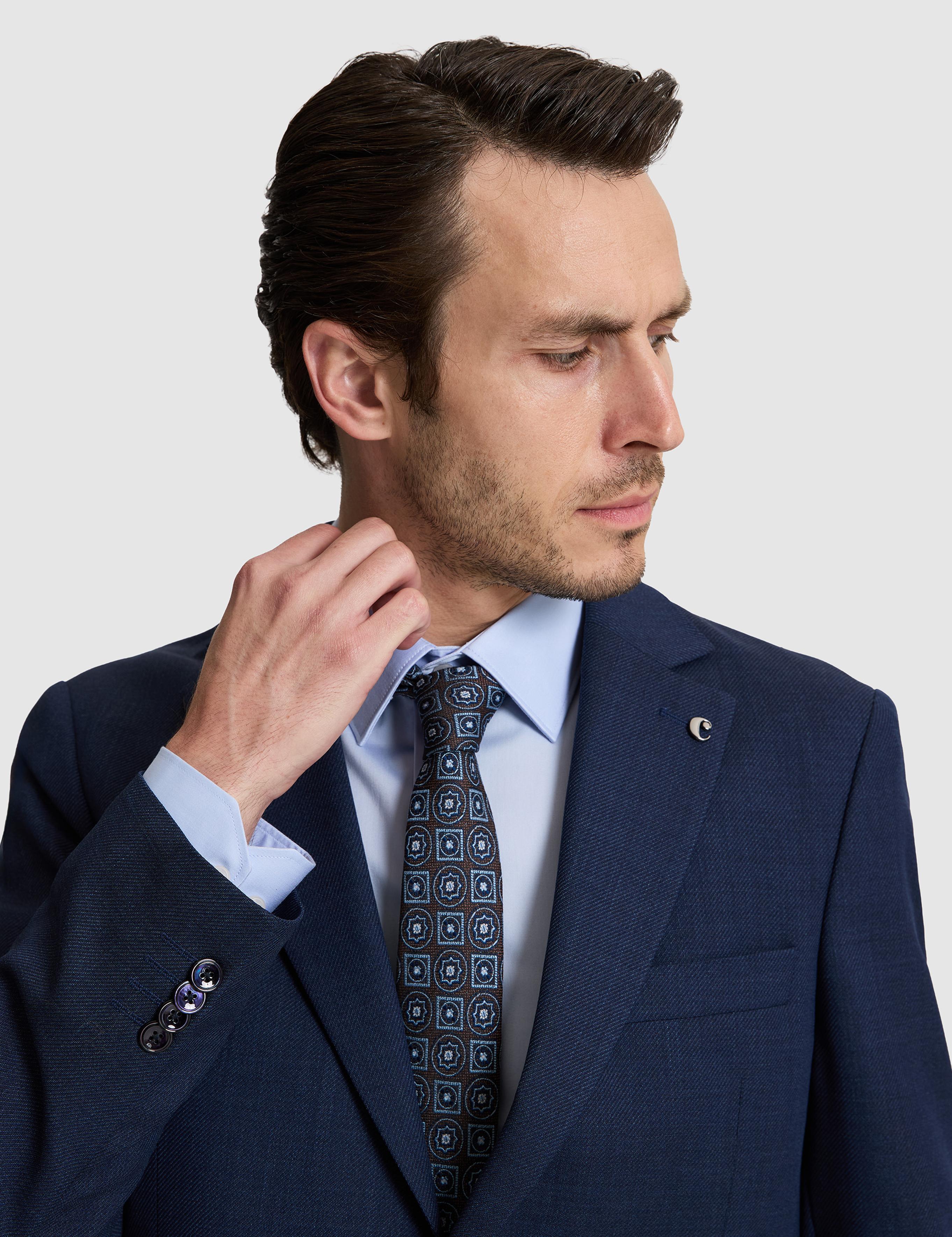 lacivert Slim Fit %100 Yün Mikro Desen Mono Yaka Takım Elbise - 50319151008