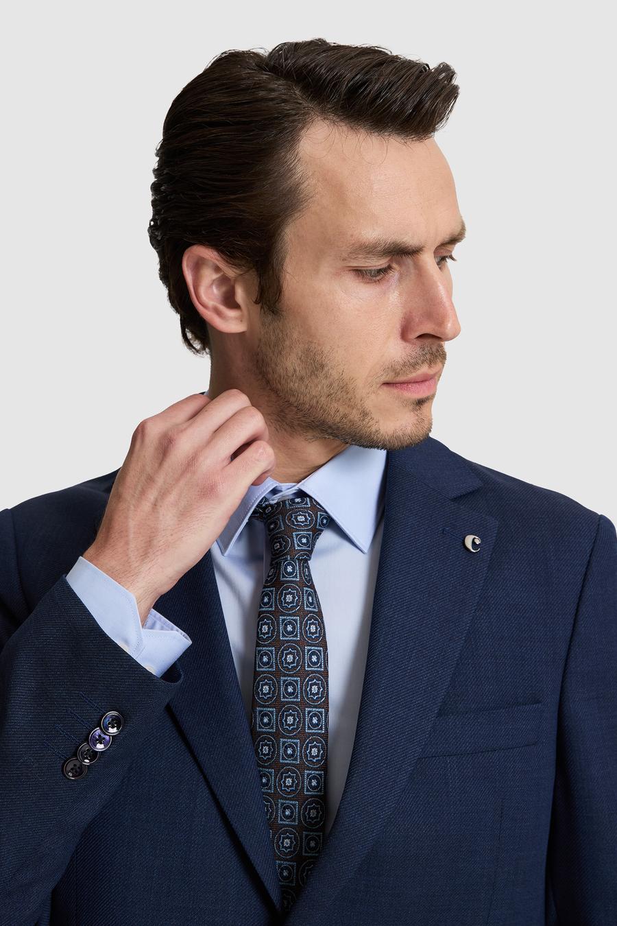 lacivert Slim Fit %100 Yün Mikro Desen Mono Yaka Takım Elbise - 50319151008