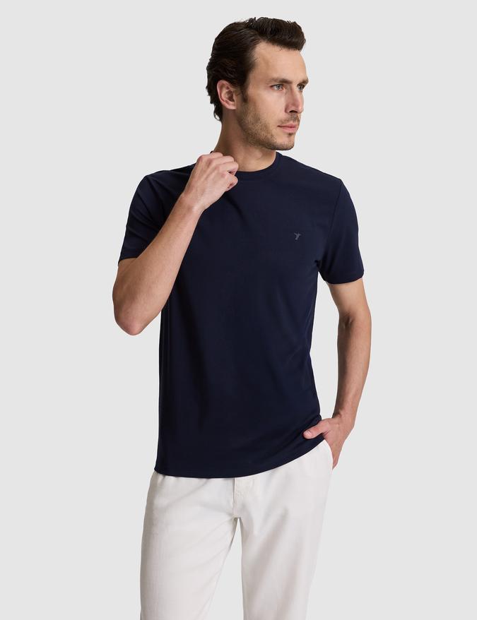 Lacivert Slim Fit Pamuk Karışımlı Bisiklet Yaka Basic T-shirt