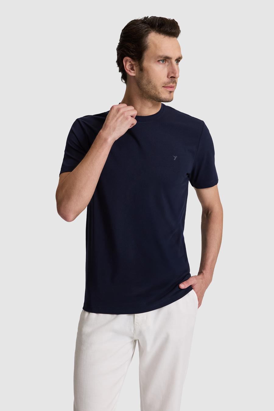 Lacivert Slim Fit Pamuk Karışımlı Bisiklet Yaka Basic T-shirt - 50324355017