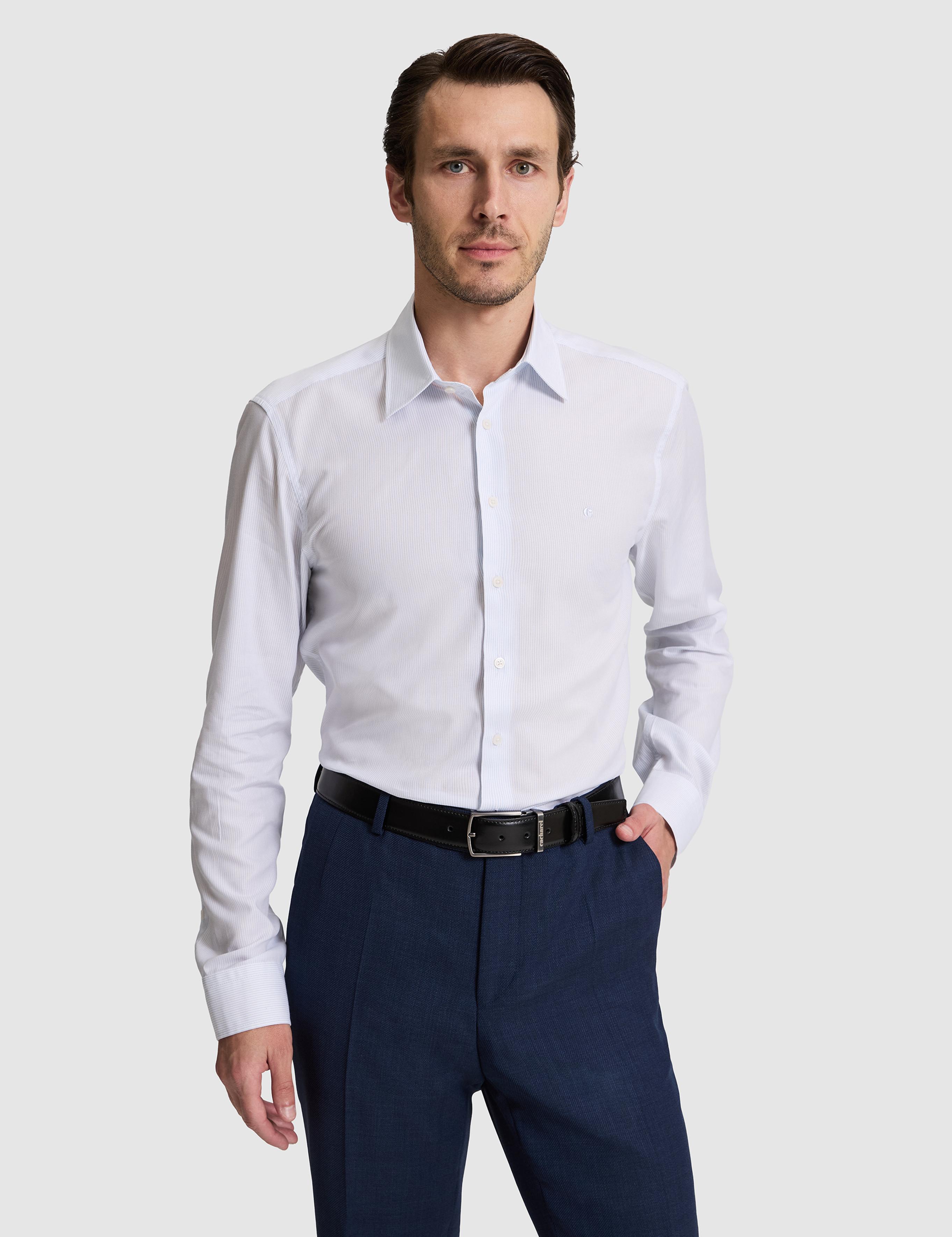 Mavi Slim Fit Pamuk Karışımlı Klasik Yaka Çizgili Gömlek - 50319160005