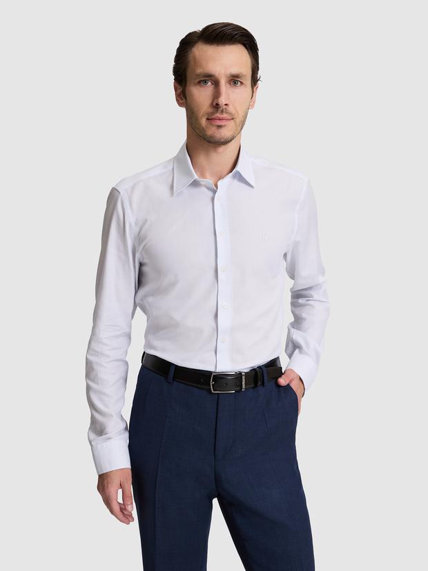 Mavi Slim Fit Pamuk Karışımlı Klasik Yaka Çizgili Gömlek