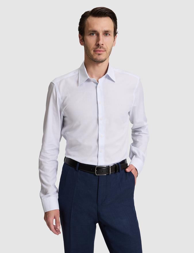 Mavi Slim Fit Pamuk Karışımlı Klasik Yaka Çizgili Gömlek