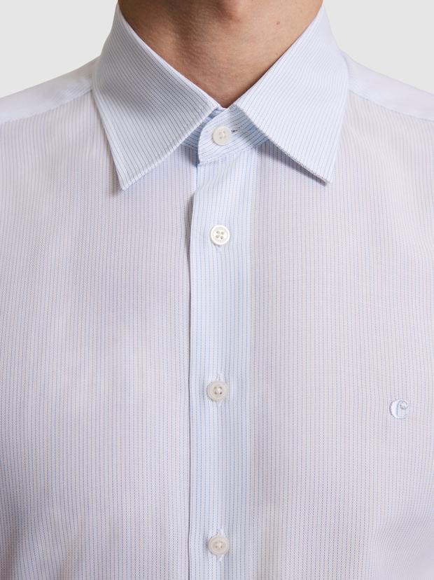 Mavi Slim Fit Pamuk Karışımlı Klasik Yaka Çizgili Gömlek