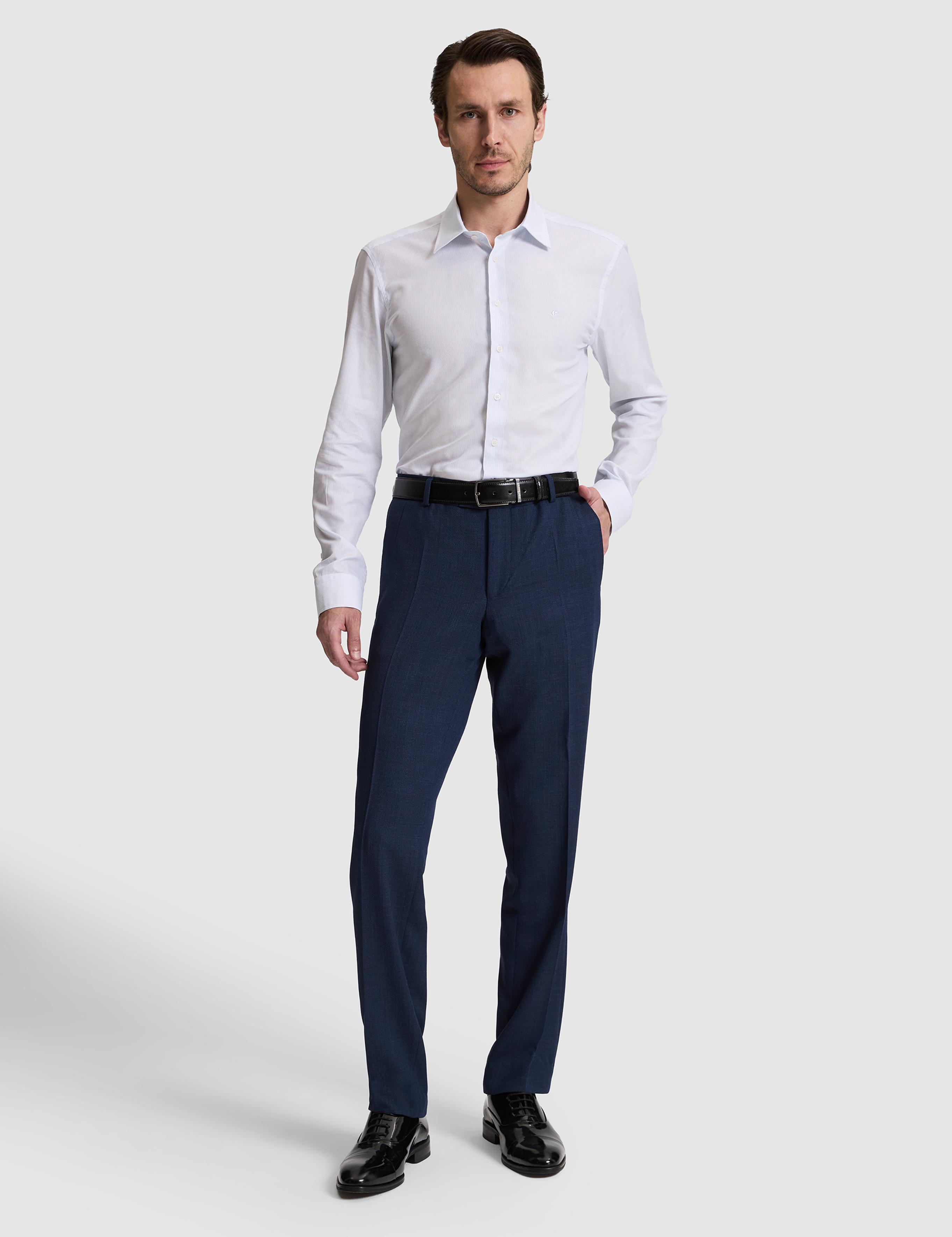 Mavi Slim Fit Pamuk Karışımlı Klasik Yaka Çizgili Gömlek - 50319160005