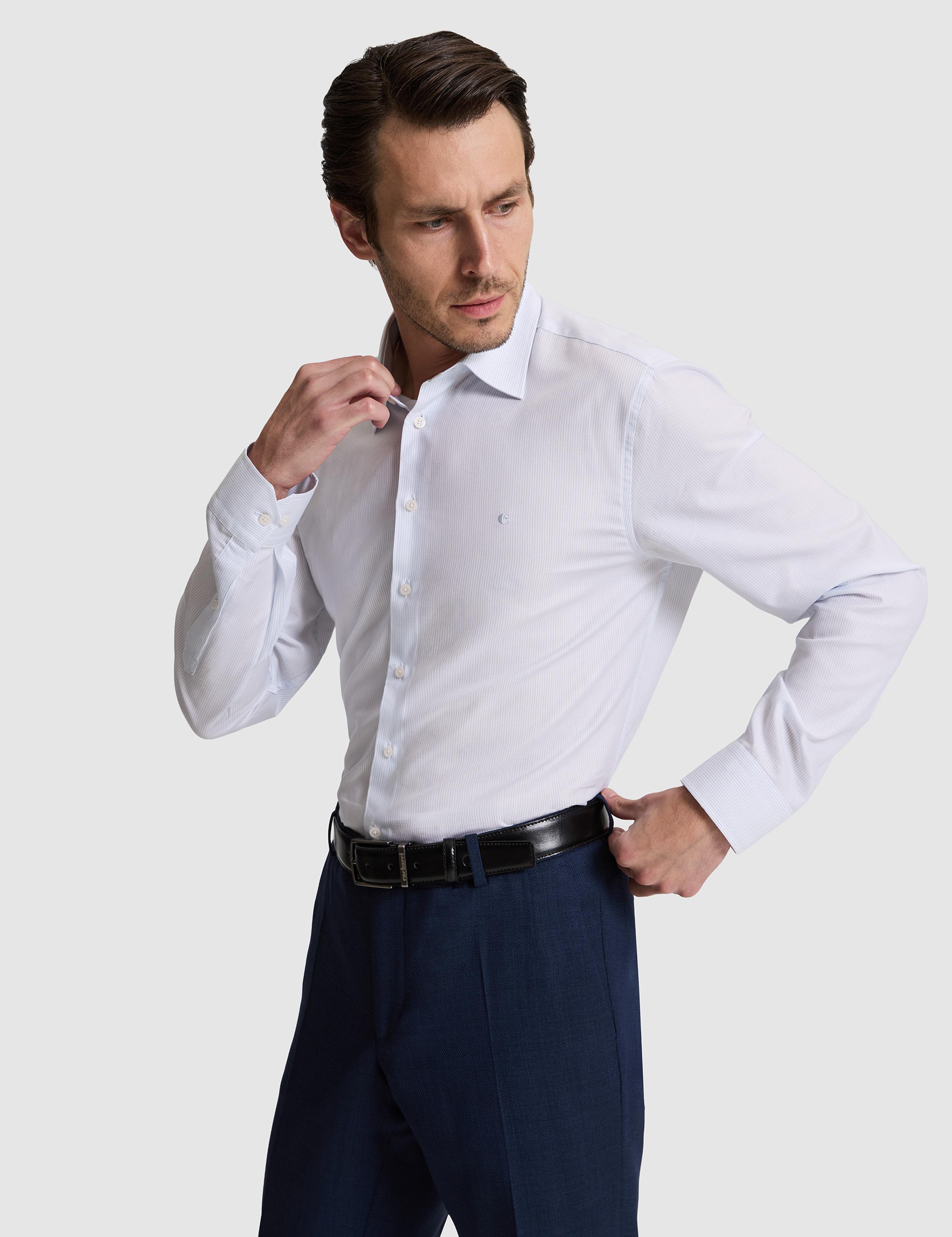 Mavi Slim Fit Pamuk Karışımlı Klasik Yaka Çizgili Gömlek - 50319160005