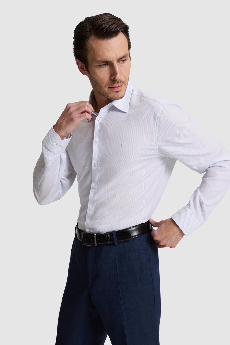 Mavi Slim Fit Pamuk Karışımlı Klasik Yaka Çizgili Gömlek - 50319160005