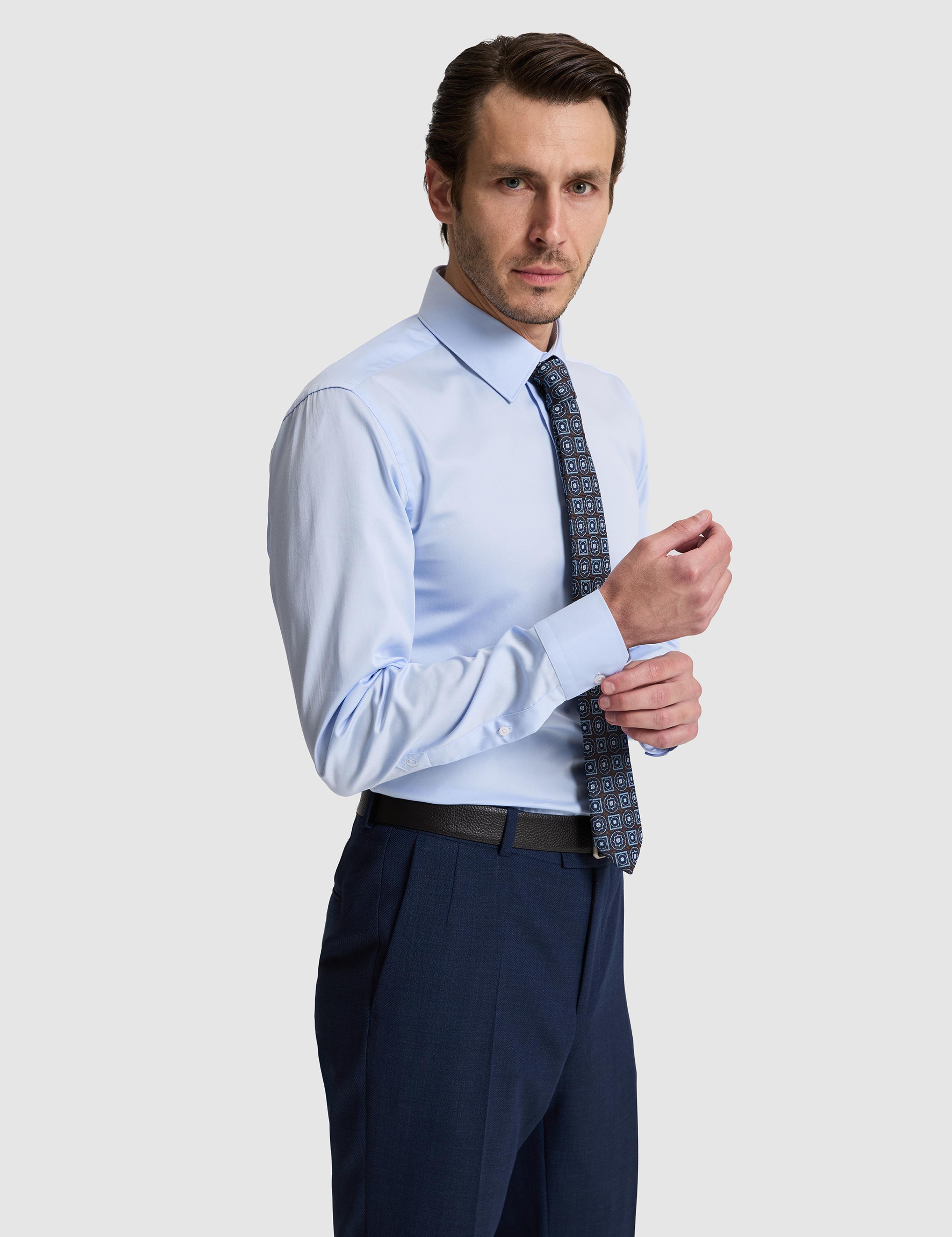 Açık Mavi Slim Fit %100 Pamuk Klasik Yaka Basic Gömlek - 50328756010