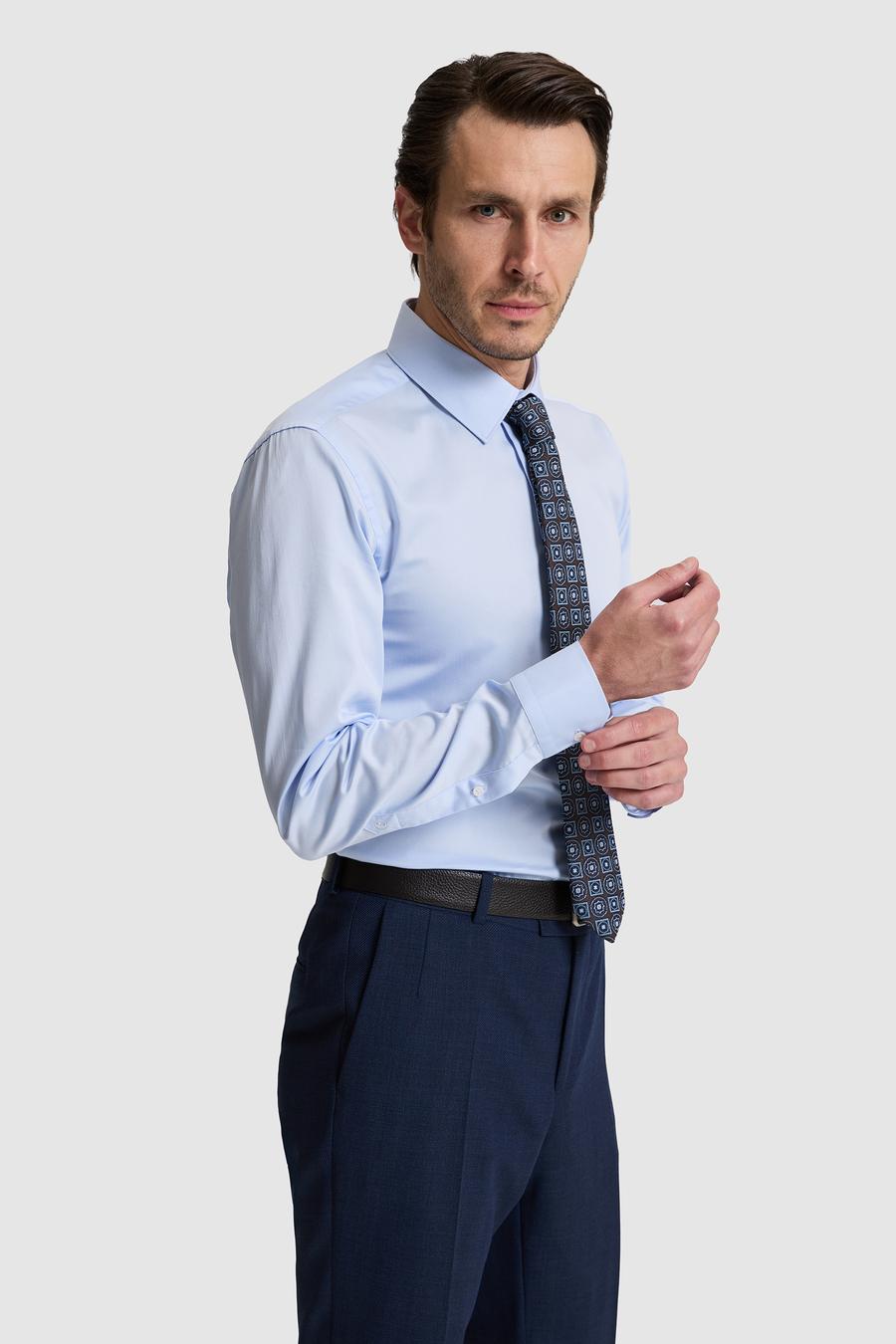 Açık Mavi Slim Fit %100 Pamuk Klasik Yaka Basic Gömlek - 50328756010