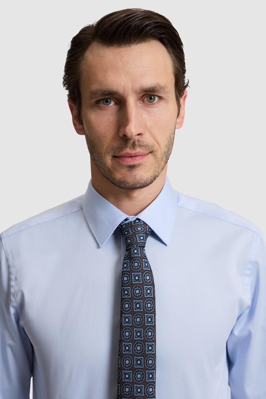 Açık Mavi Slim Fit %100 Pamuk Klasik Yaka Basic Gömlek - 50328756010
