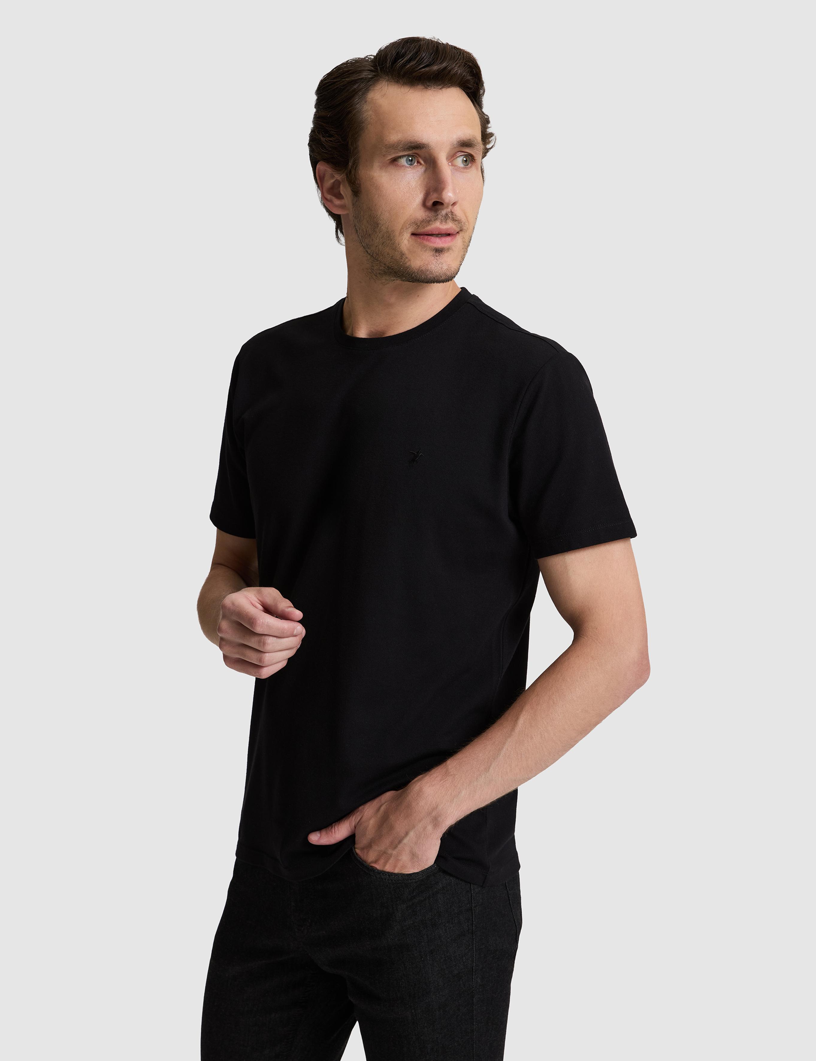 Siyah Regular Fit Pamuk Karışımlı Bisiklet Yaka T-shirt - 50324374012