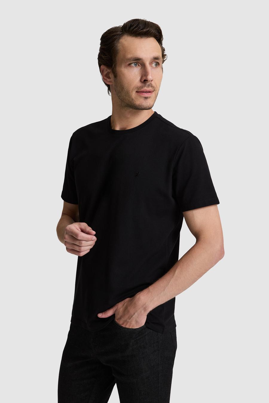 Siyah Regular Fit Pamuk Karışımlı Bisiklet Yaka T-shirt - 50324374012