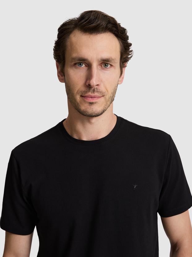 Siyah Regular Fit Pamuk Karışımlı Bisiklet Yaka T-shirt
