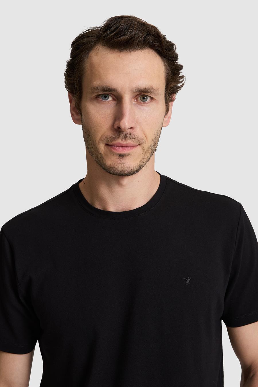 Siyah Regular Fit Pamuk Karışımlı Bisiklet Yaka T-shirt - 50324374012