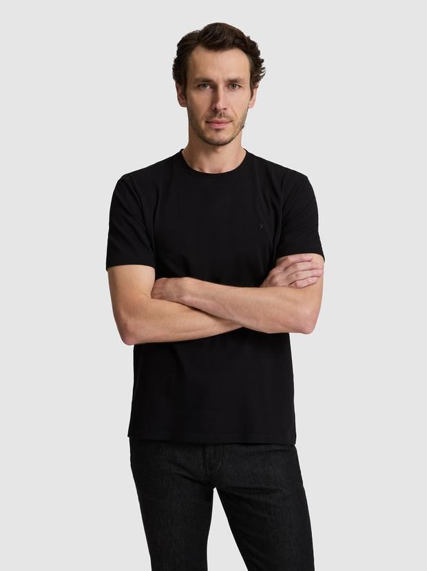 Siyah Regular Fit Pamuk Karışımlı Bisiklet Yaka T-shirt