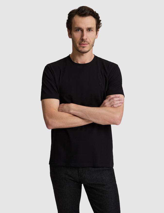 Siyah Regular Fit Pamuk Karışımlı Bisiklet Yaka T-shirt