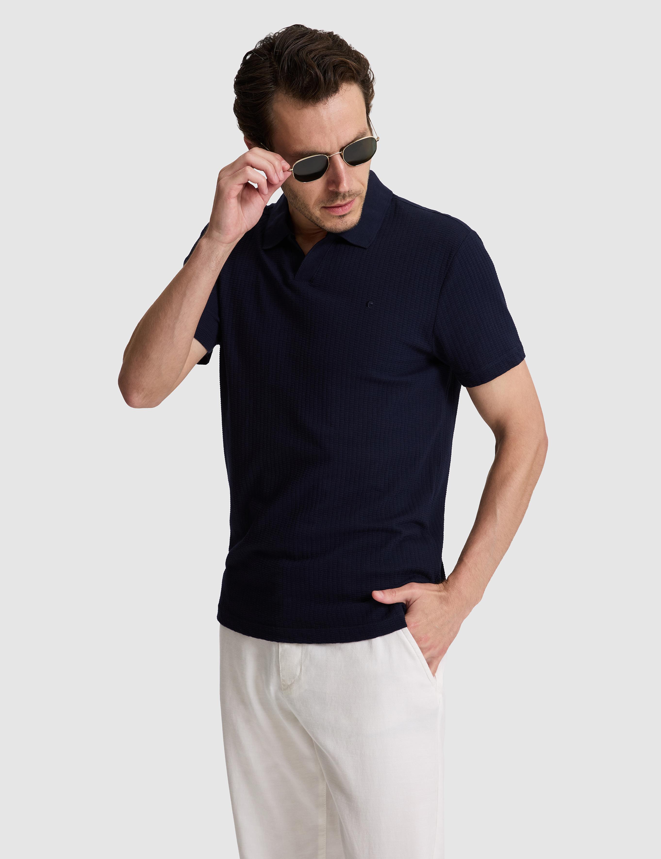 Lacivert Slim Fit %100 Pamuk Apaş Yaka T-shirt - 50328349025