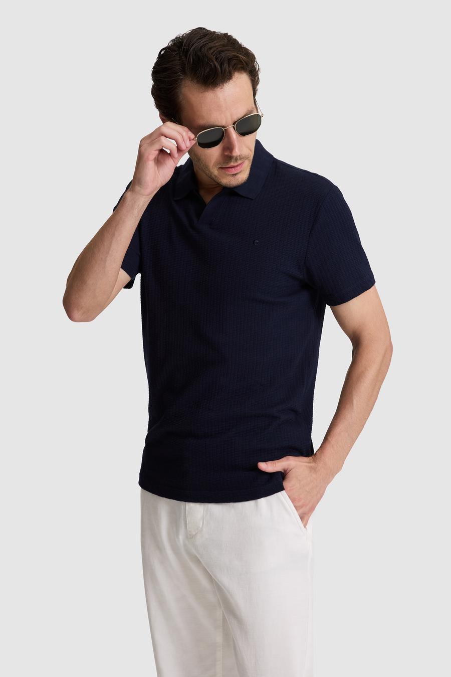 Lacivert Slim Fit %100 Pamuk Apaş Yaka T-shirt - 50328349025