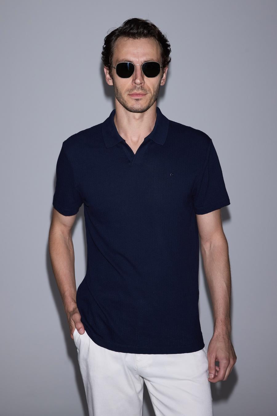 Lacivert Slim Fit %100 Pamuk Apaş Yaka T-shirt - 50328349025
