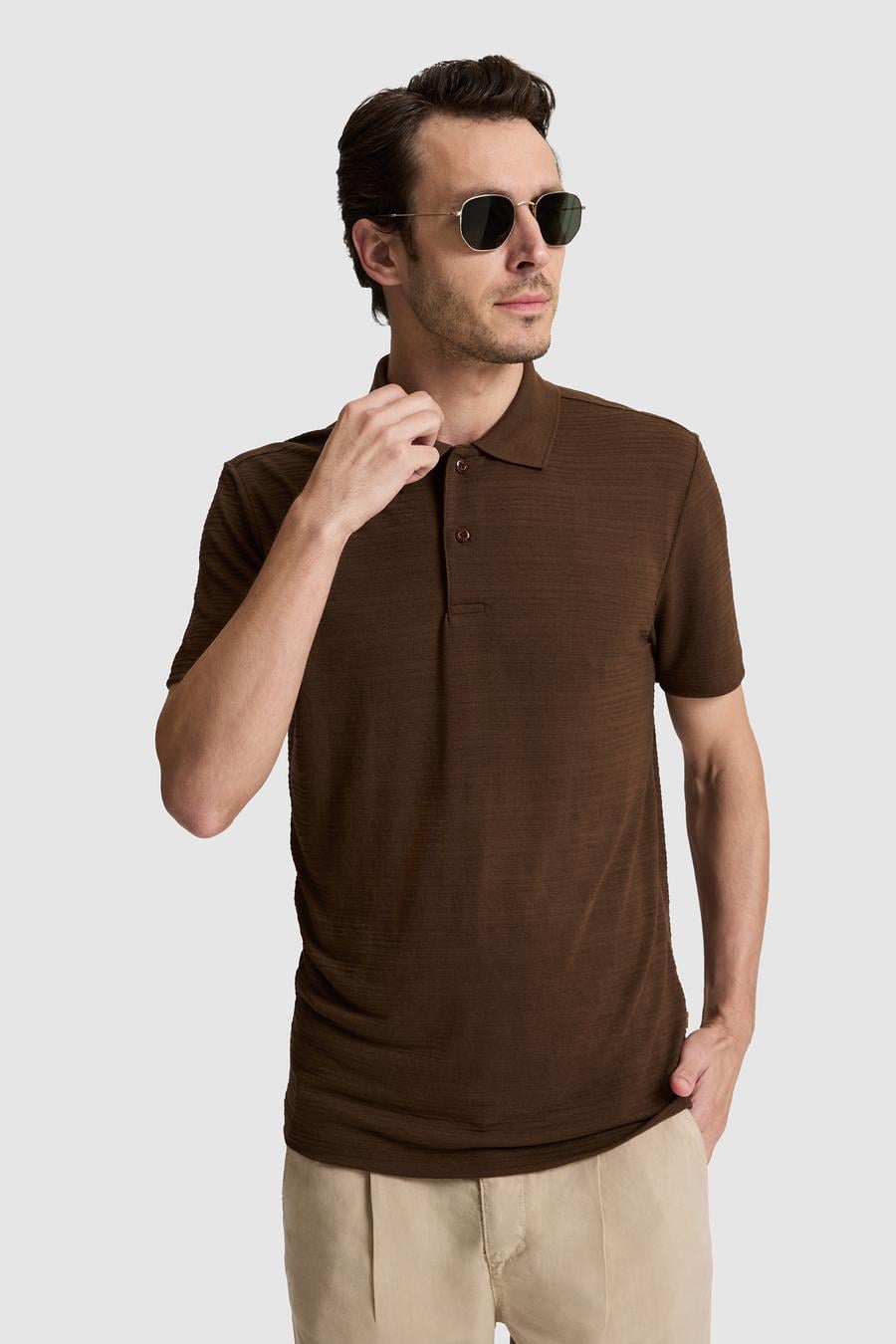 Kahverengi Slim Fit Polo Yaka T-shirt - 50328376008