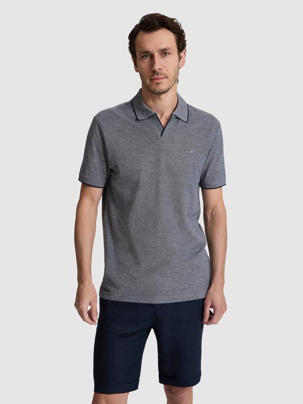 Lacivert Slim Fit %100 Pamuk Jakarlı Apaş Yaka T-shirt