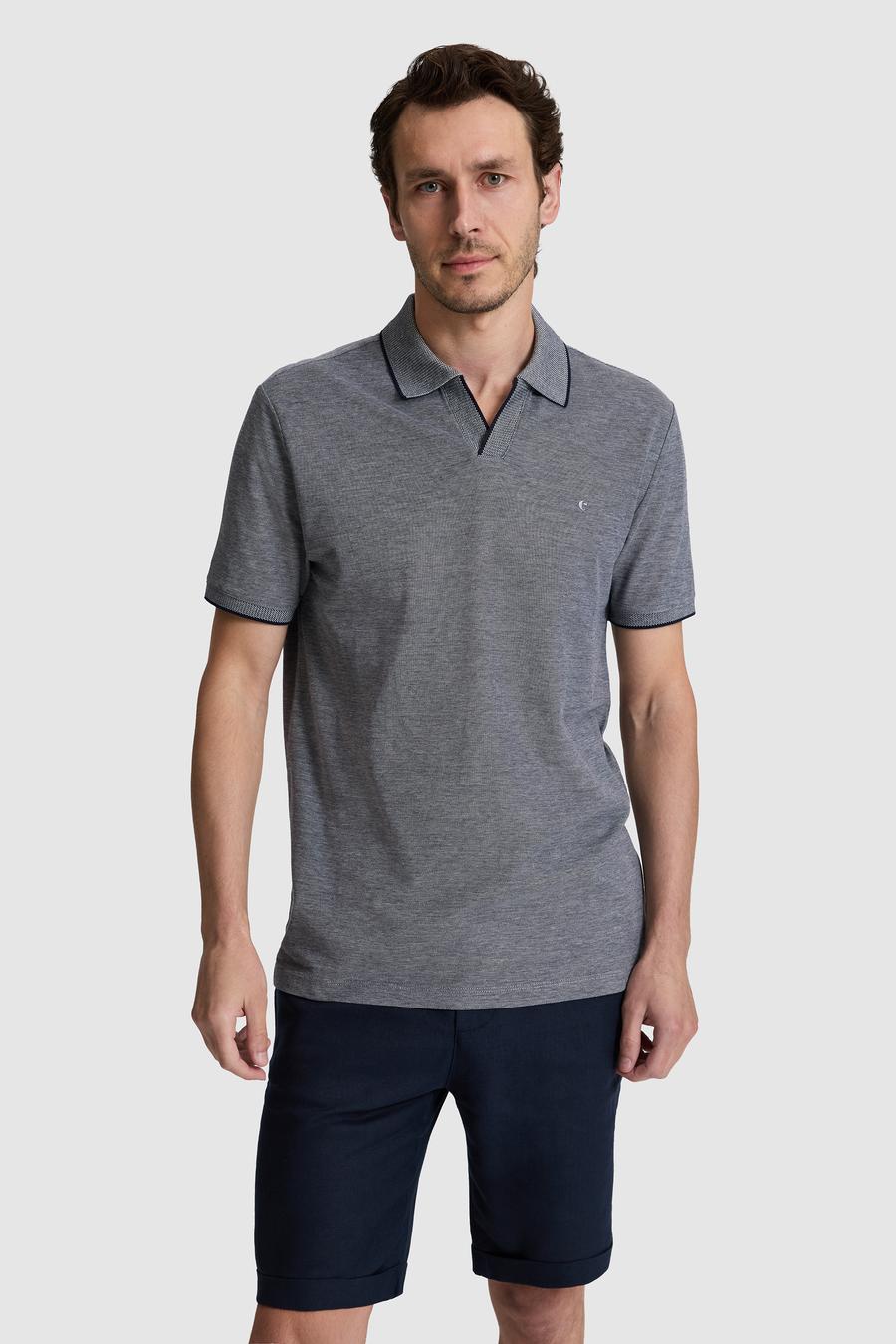 Lacivert Slim Fit %100 Pamuk Jakarlı Apaş Yaka T-shirt - 50320577020