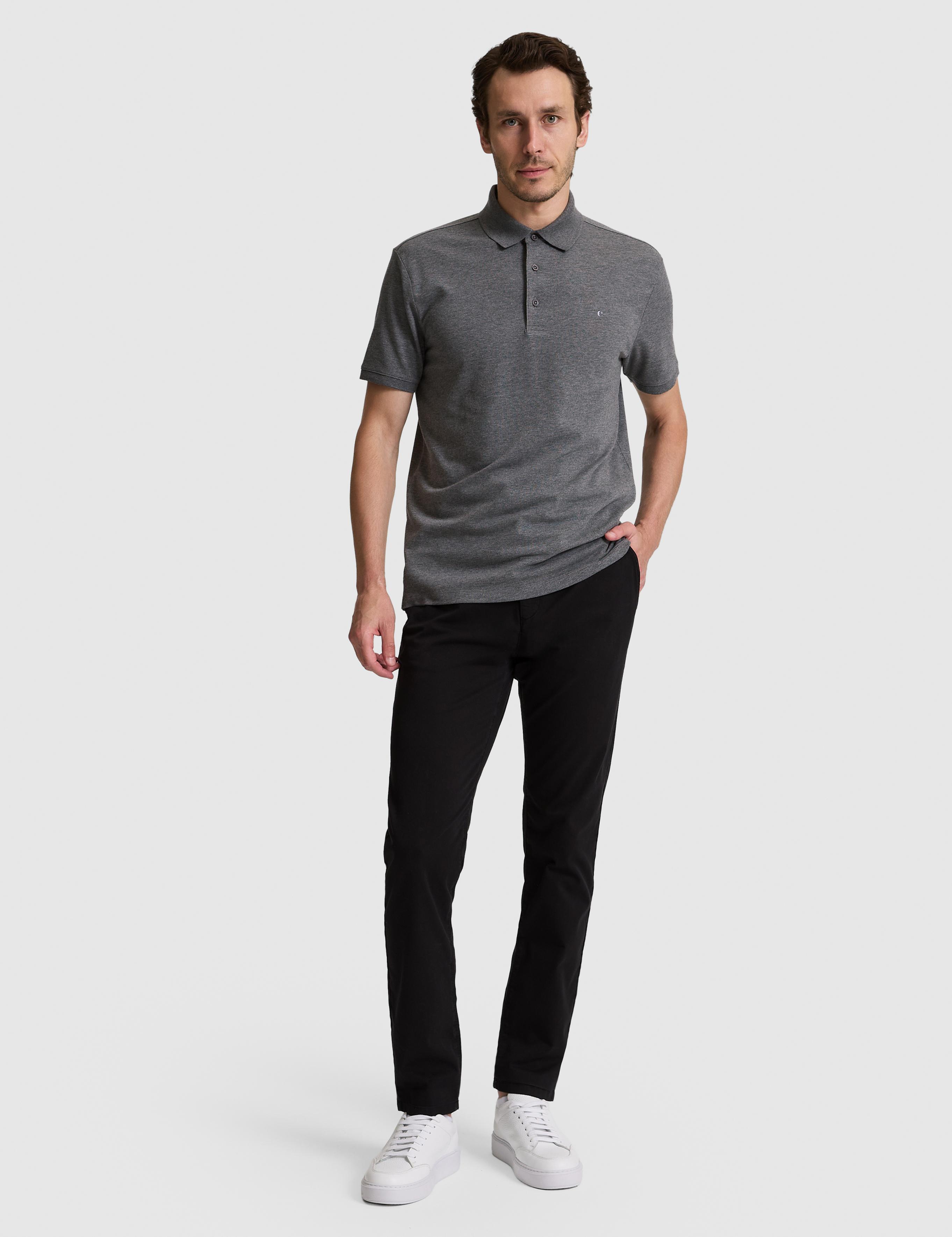 Koyu Gri Slim Fit Pamuk Karışımlı Düğmeli Polo Yaka Basic T-shirt - 50328375098