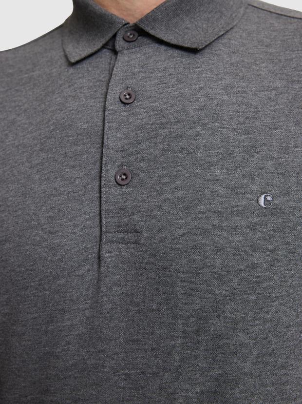 Koyu Gri Slim Fit Pamuk Karışımlı Düğmeli Polo Yaka Basic T-shirt